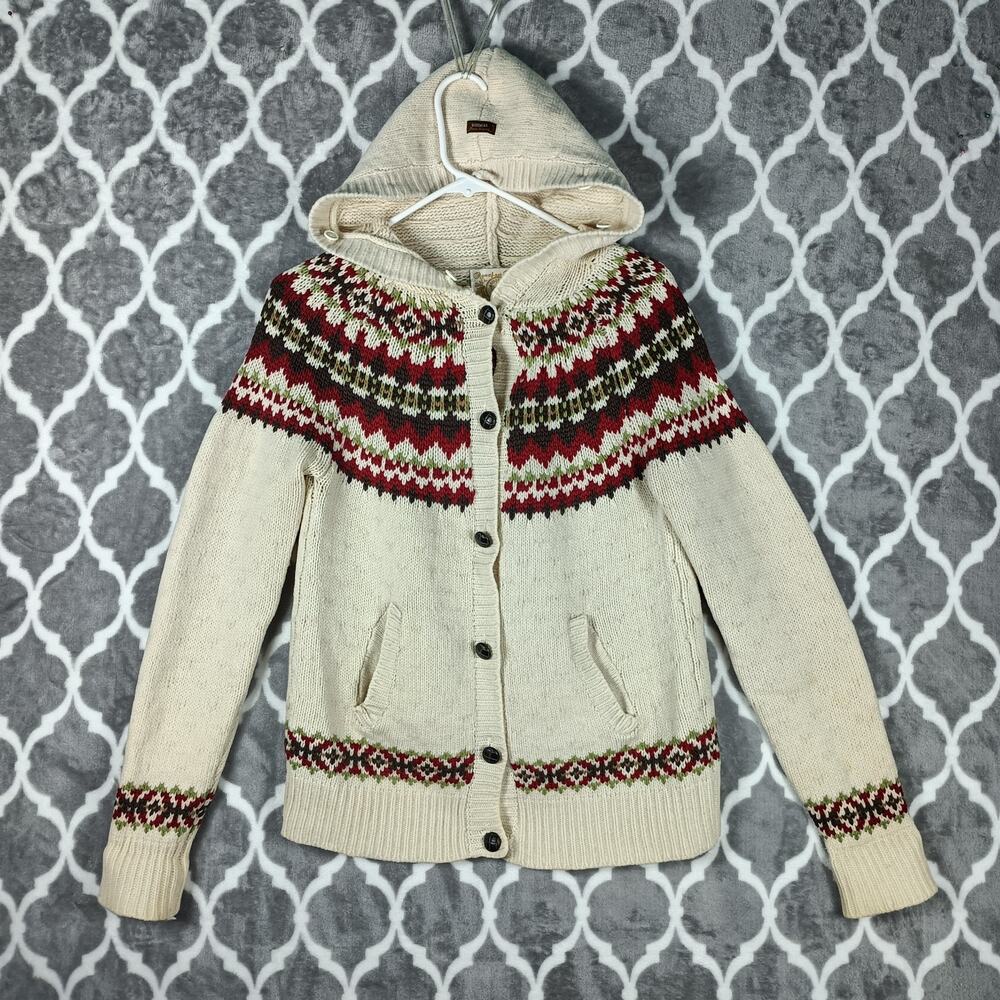 Fair Isle Cardigan Sweater Women Size Medium Cream Hooded Wool Blend Omphalos